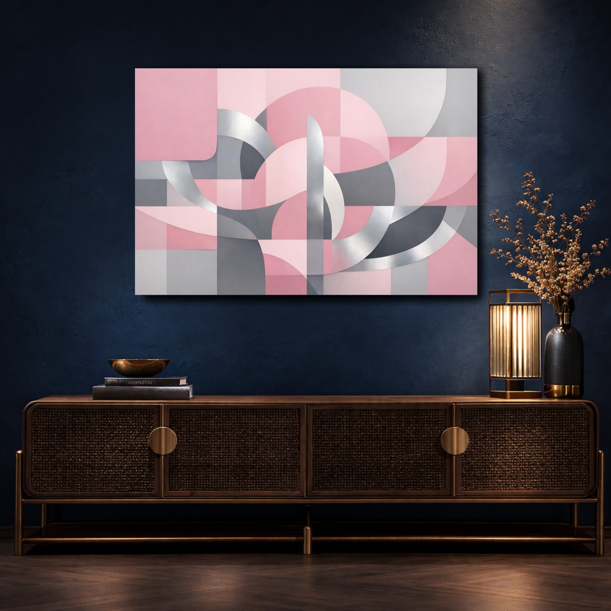 Mockup 4. Abstract Geometric Forms Pink Grey Silver shown as stretched canvas wall art