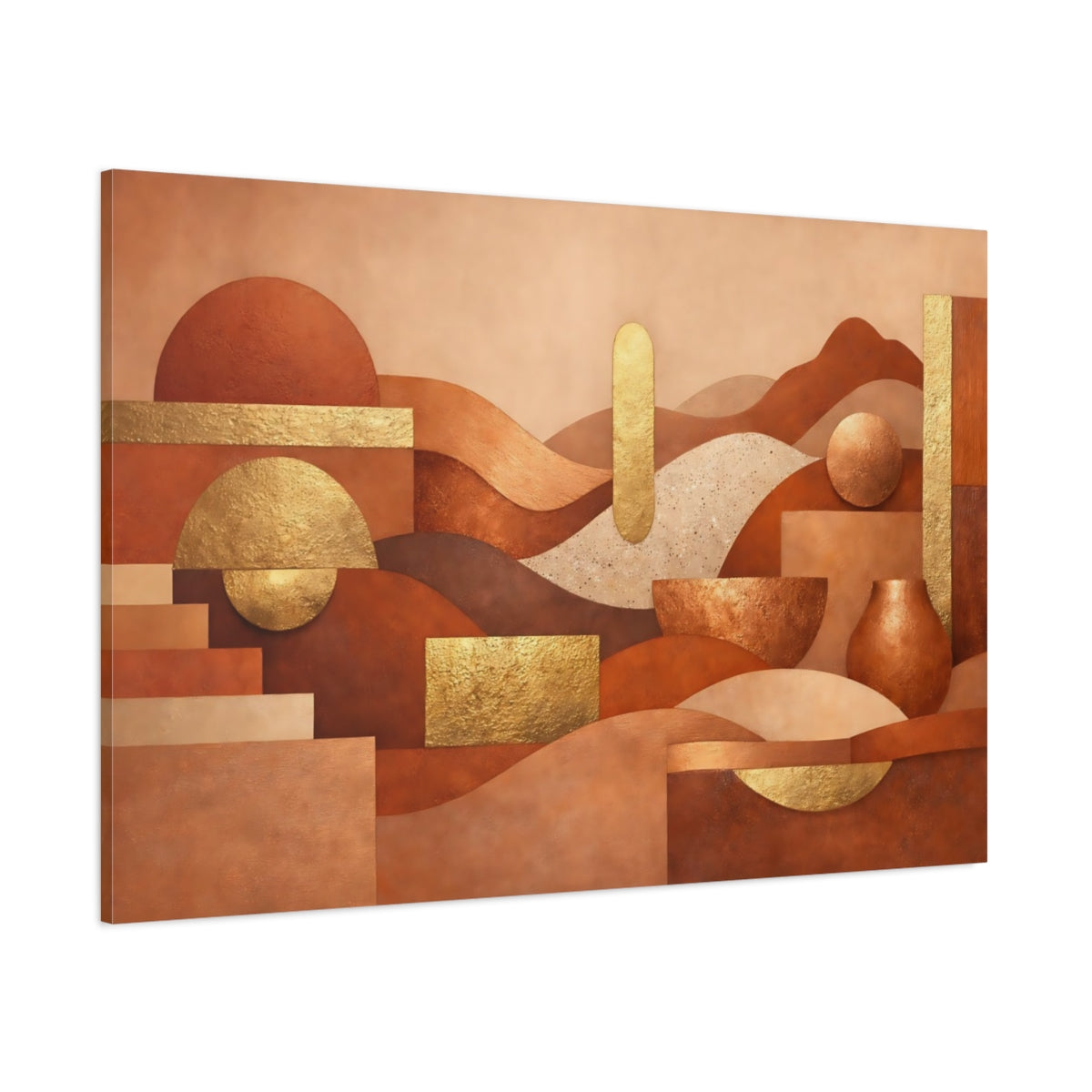 Main Mockup. Abstract Geometric Forms Terracotta Gold Abstract shown as stretched canvas wall art