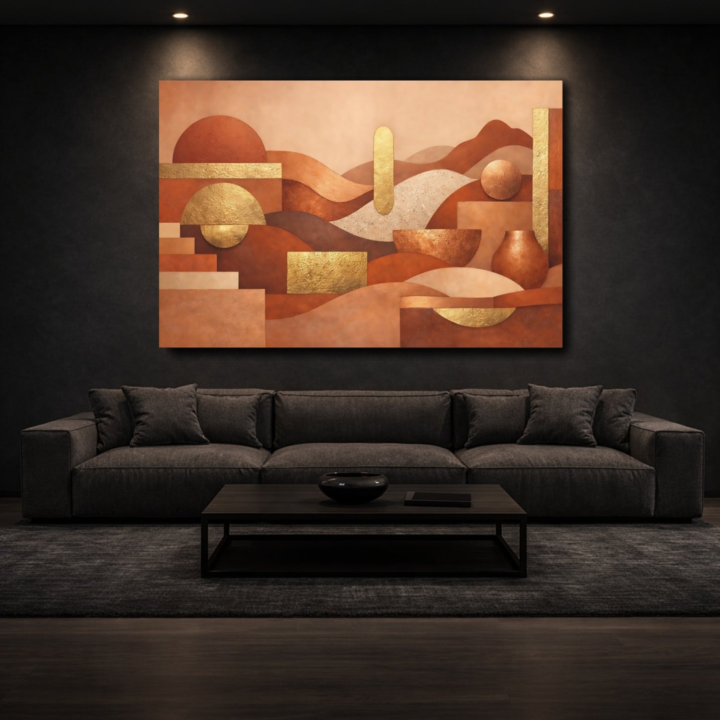Mockup 2. Abstract Geometric Forms Terracotta Gold Abstract shown as stretched canvas wall art