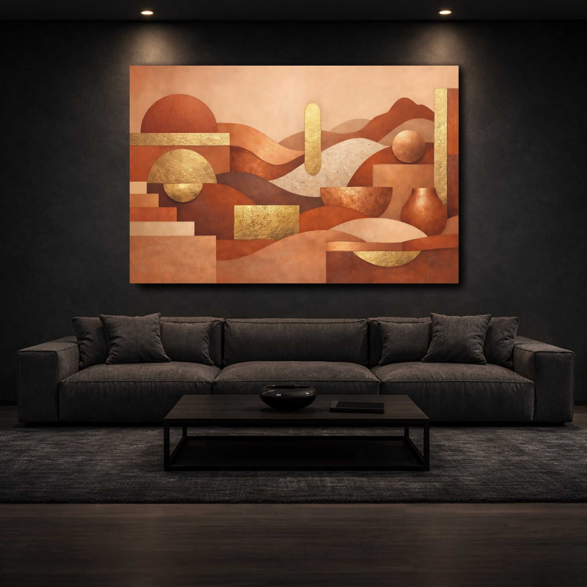 Mockup 2. Abstract Geometric Forms Terracotta Gold Abstract shown as stretched canvas wall art