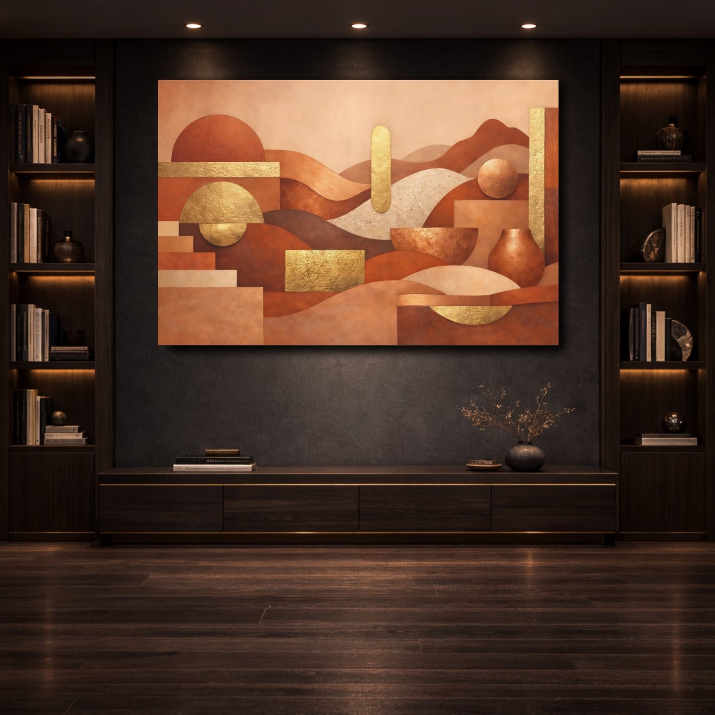 Mockup 3. Abstract Geometric Forms Terracotta Gold Abstract shown as stretched canvas wall art