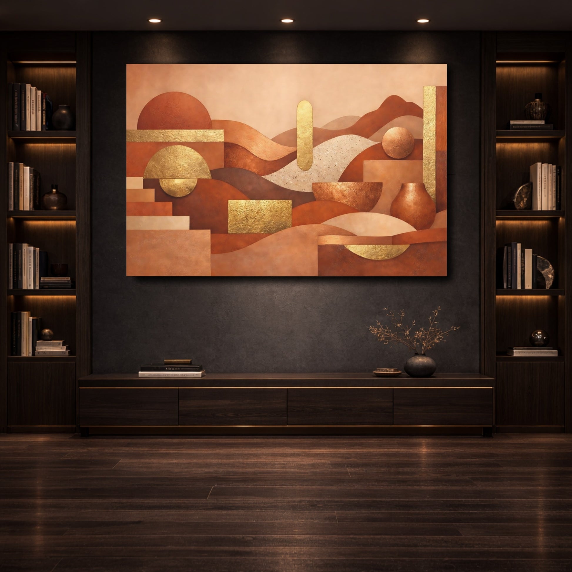 Mockup 3. Abstract Geometric Forms Terracotta Gold Abstract shown as stretched canvas wall art