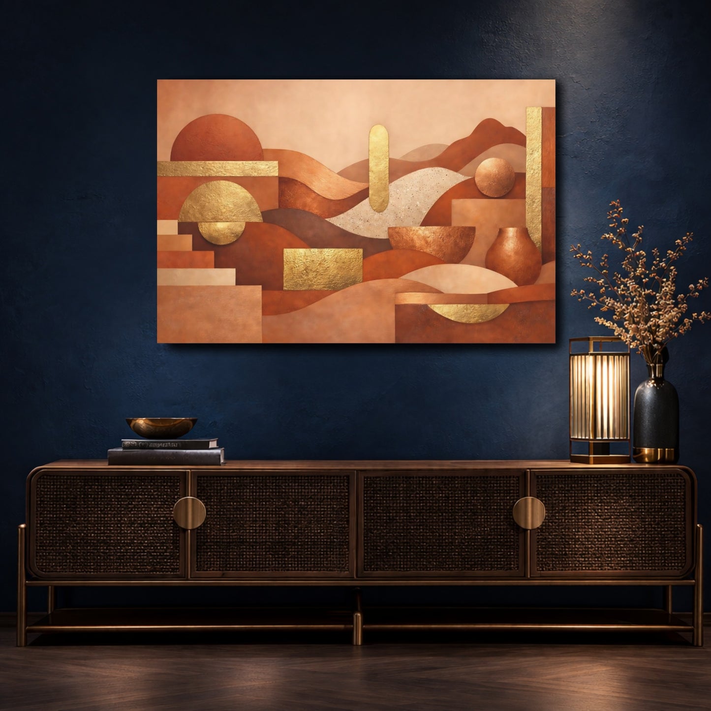 Mockup 4. Abstract Geometric Forms Terracotta Gold Abstract shown as stretched canvas wall art