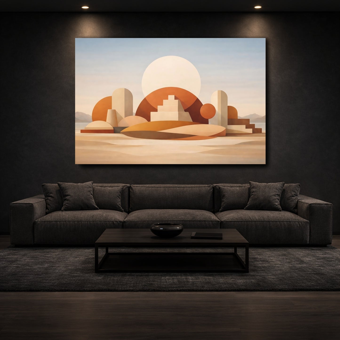 Mockup 2. Abstract Geometric Forms Warm Earth Tones shown as stretched canvas wall art