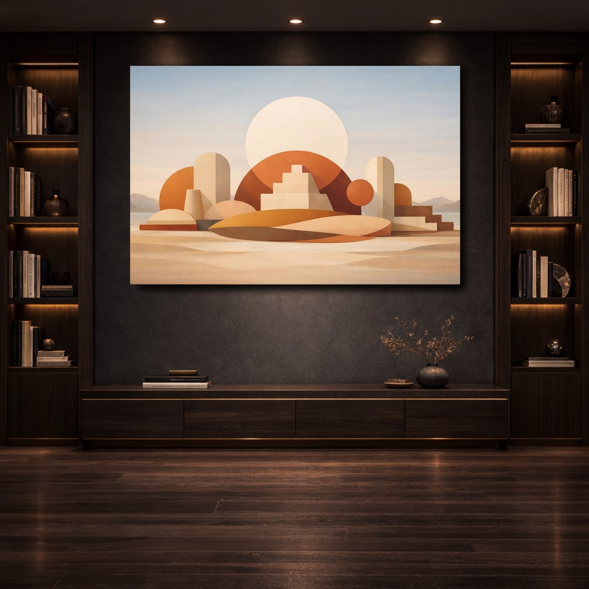 Mockup 3. Abstract Geometric Forms Warm Earth Tones shown as stretched canvas wall art
