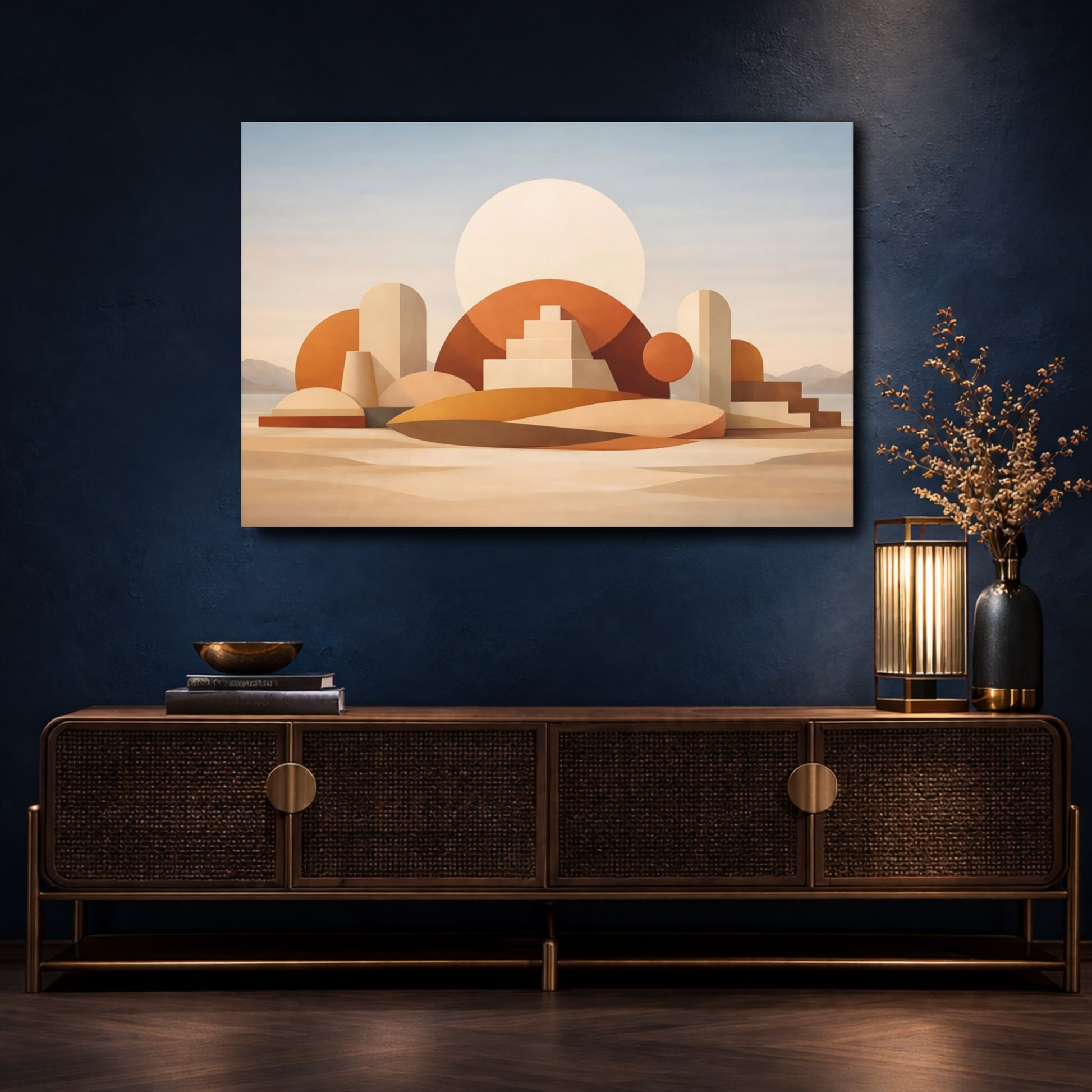 Mockup 4. Abstract Geometric Forms Warm Earth Tones shown as stretched canvas wall art