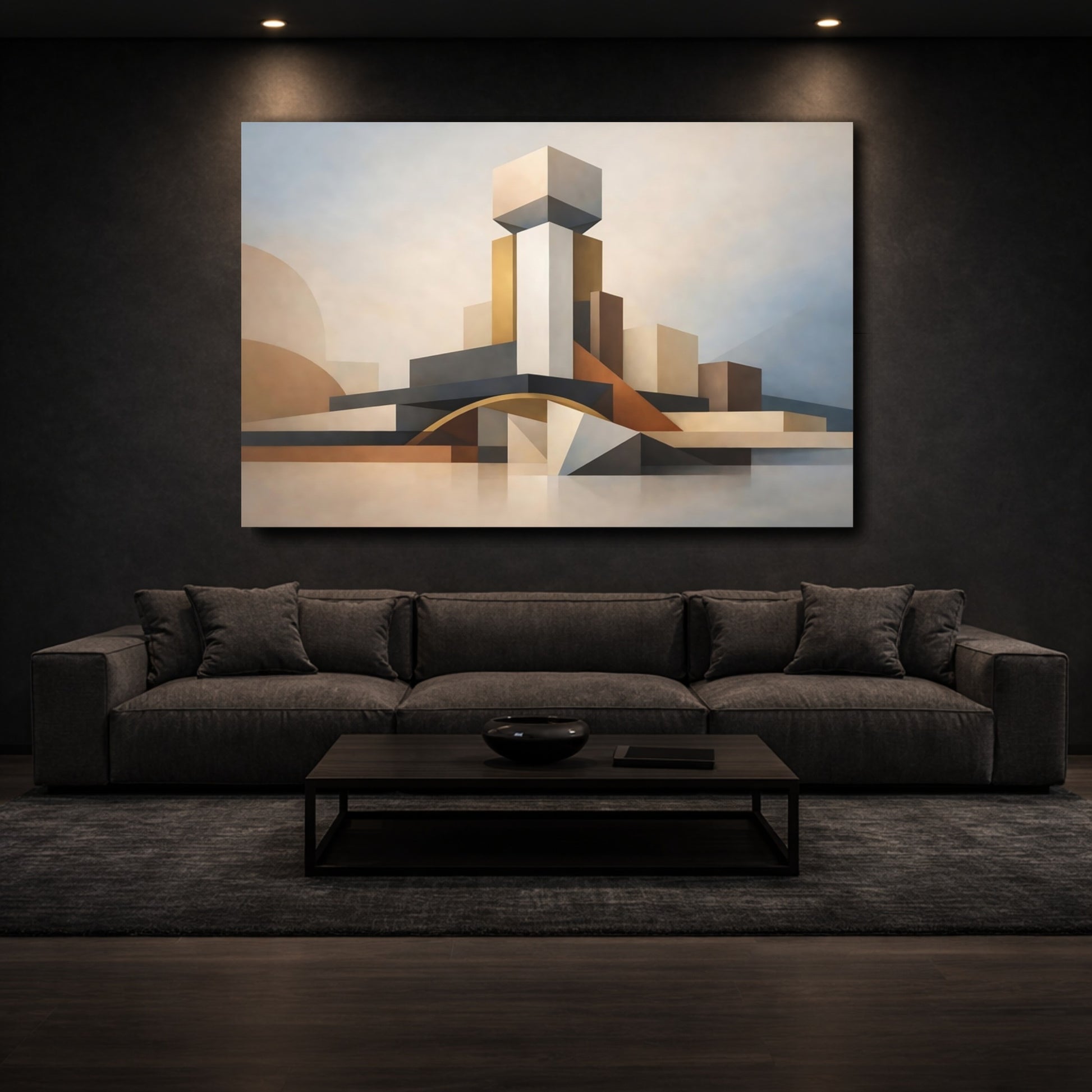 Mockup 2. Abstract Geometric Forms Warm Neutral Abstract shown as stretched canvas wall art
