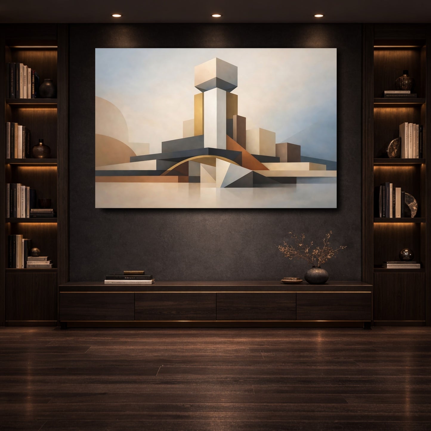 Mockup 3. Abstract Geometric Forms Warm Neutral Abstract shown as stretched canvas wall art