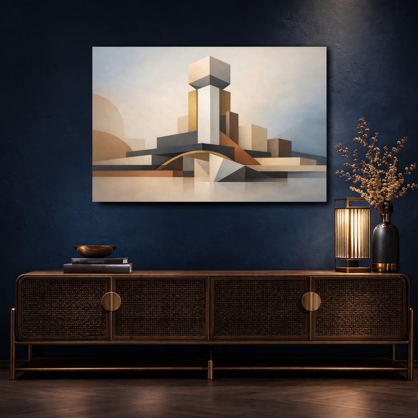 Mockup 4. Abstract Geometric Forms Warm Neutral Abstract shown as stretched canvas wall art