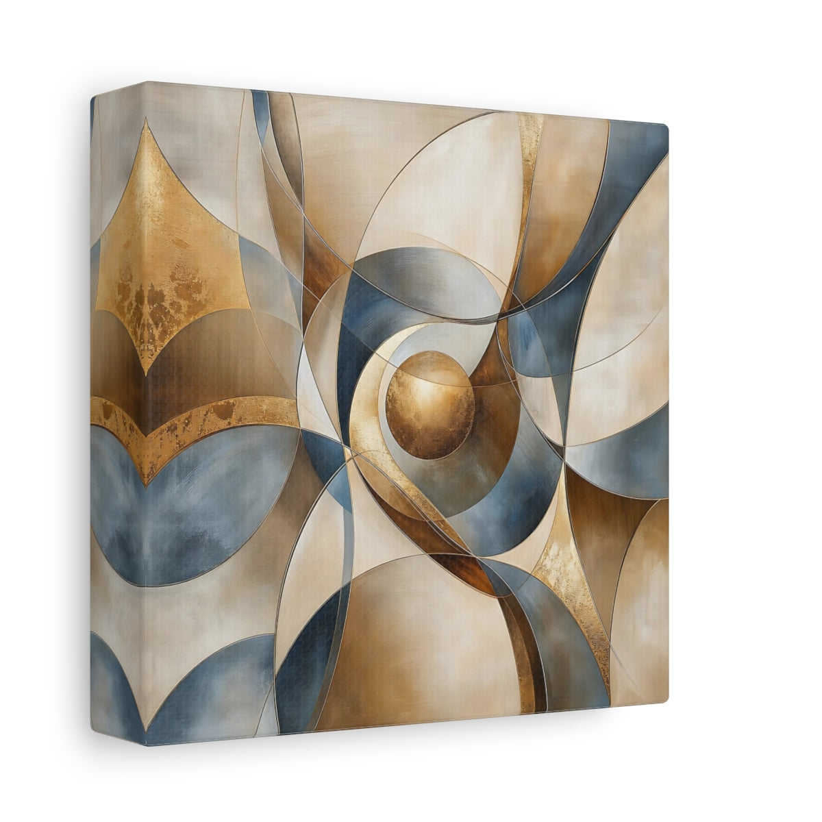 Side Mockup 2. Abstract Geometric Abstract Gold Blue Beige shown as stretched canvas wall art
