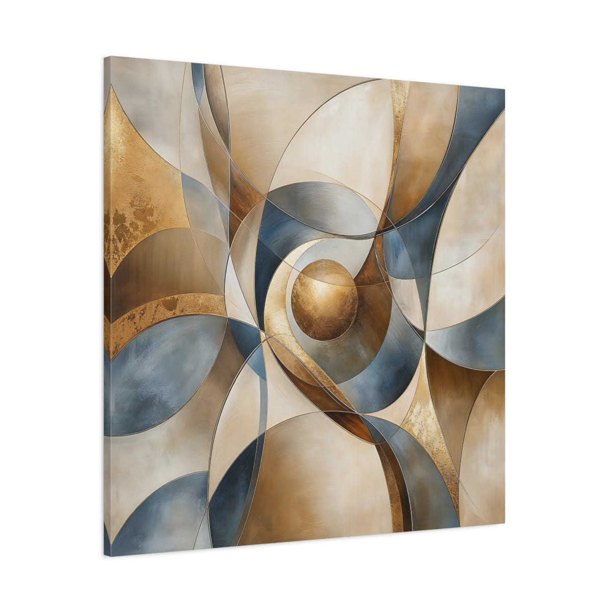 Side Mockup 1. Abstract Geometric Abstract Gold Blue Beige shown as stretched canvas wall art