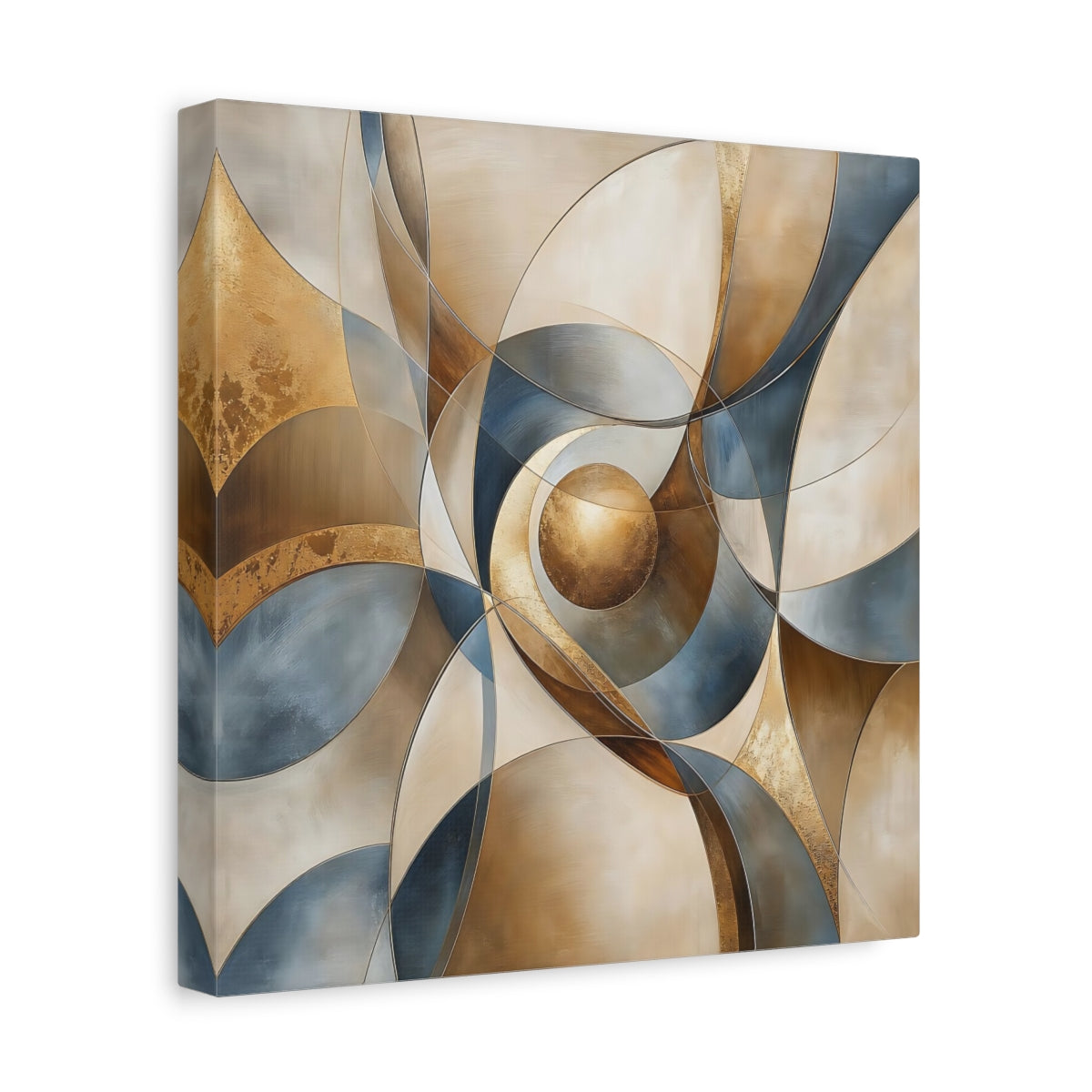 Side Mockup 8. Abstract Geometric Abstract Gold Blue Beige shown as stretched canvas wall art