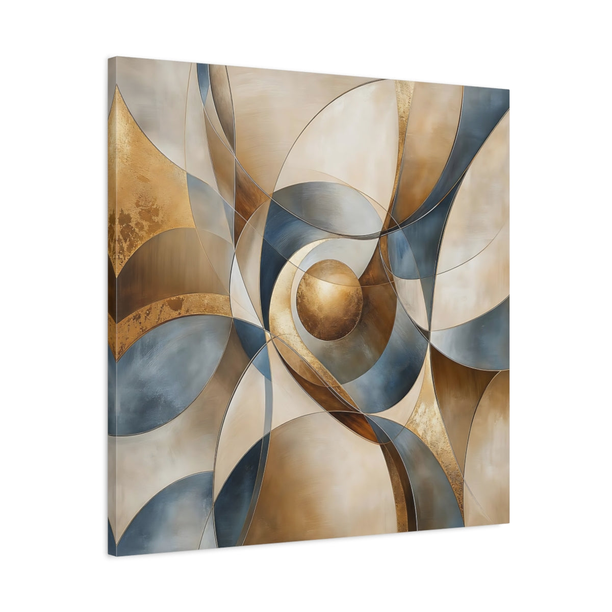 Side Mockup 3. Abstract Geometric Abstract Gold Blue Beige shown as stretched canvas wall art