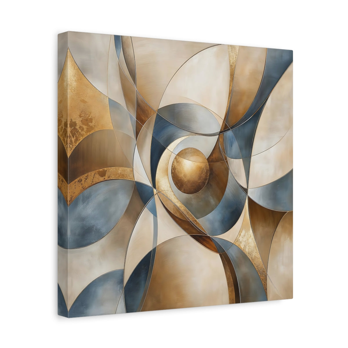 Side Mockup 7. Abstract Geometric Abstract Gold Blue Beige shown as stretched canvas wall art