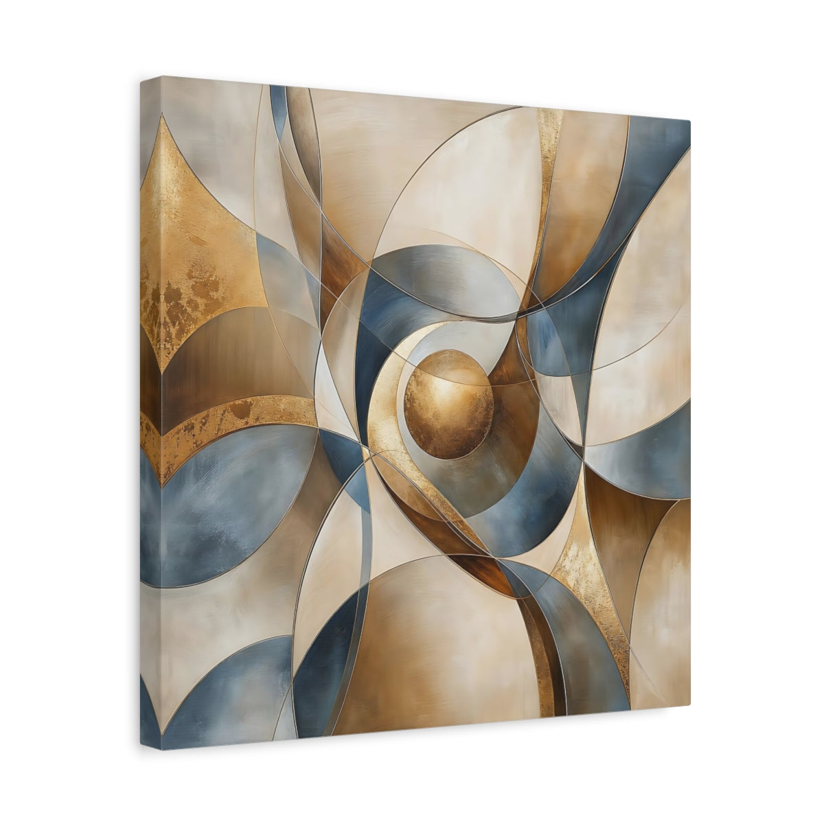 Side Mockup 6. Abstract Geometric Abstract Gold Blue Beige shown as stretched canvas wall art