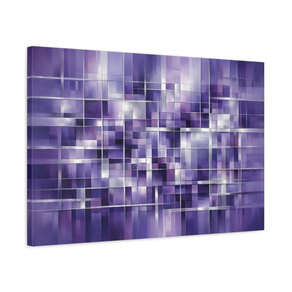 Side Mockup 2. Abstract Geometric Grid Purple Grid shown as stretched canvas wall art