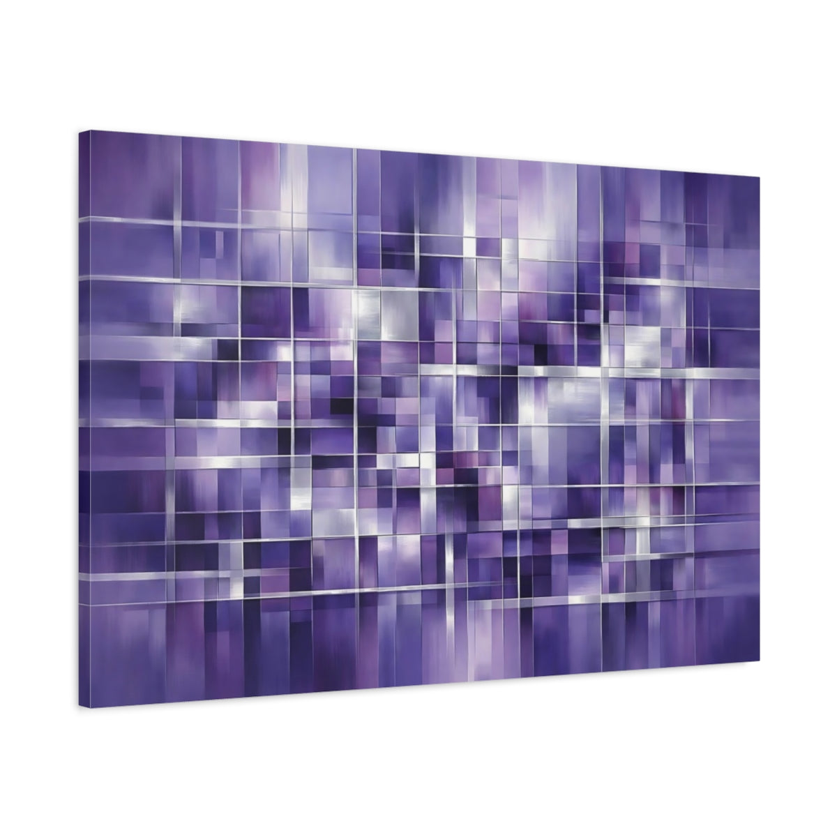 Side Mockup 1. Abstract Geometric Grid Purple Grid shown as stretched canvas wall art
