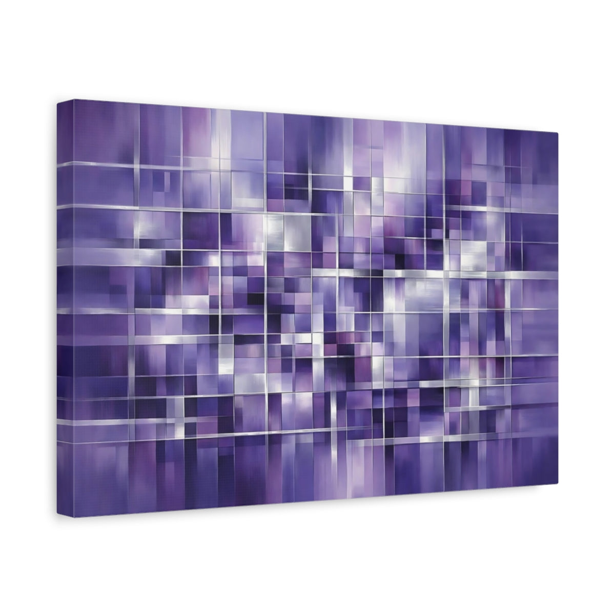 Side Mockup 4. Abstract Geometric Grid Purple Grid shown as stretched canvas wall art