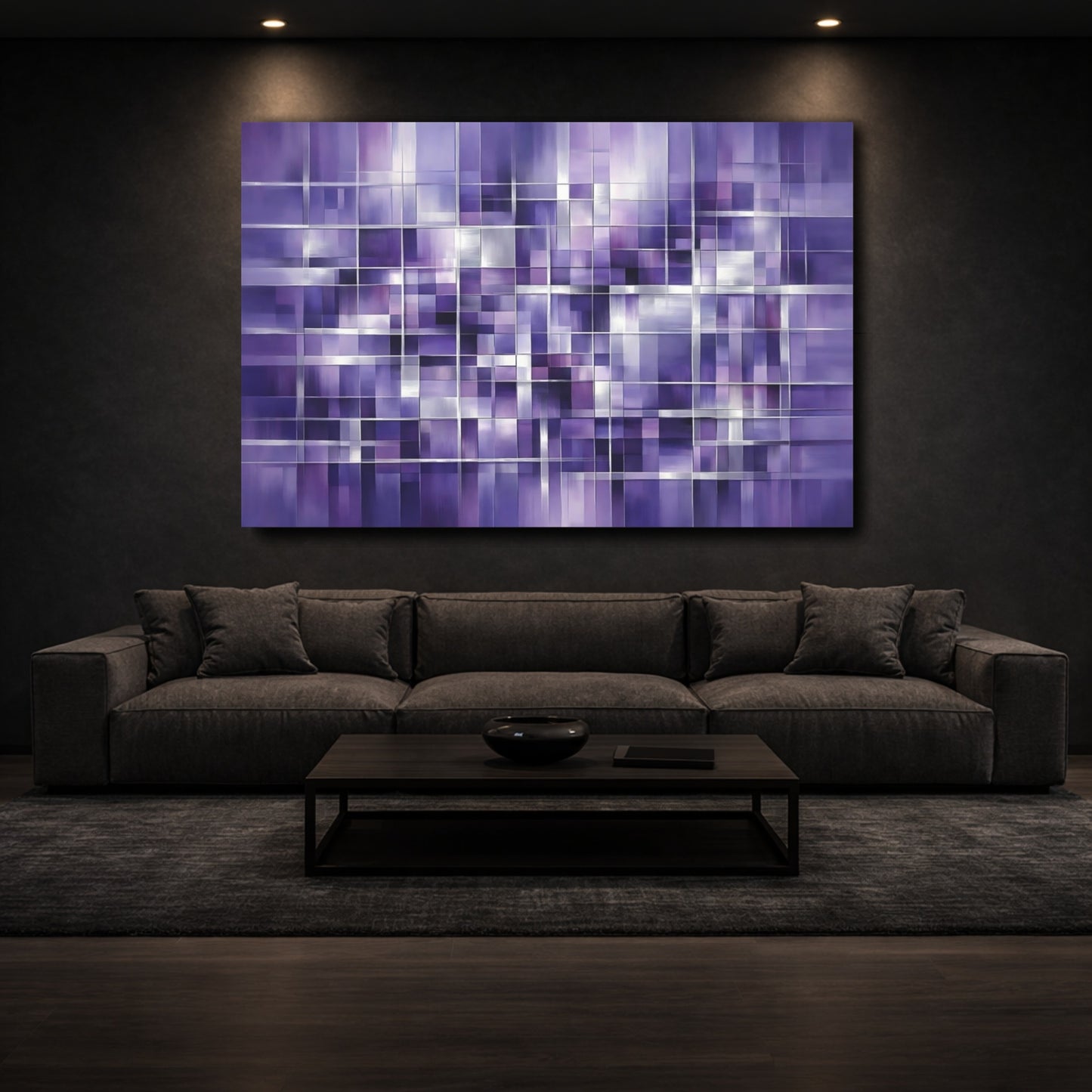 Mockup 2. Abstract Geometric Grid Purple Grid shown as stretched canvas wall art
