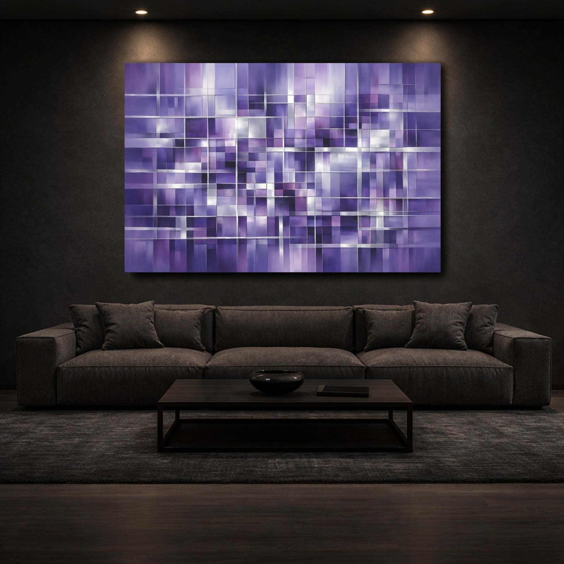 Mockup 2. Abstract Geometric Grid Purple Grid shown as stretched canvas wall art