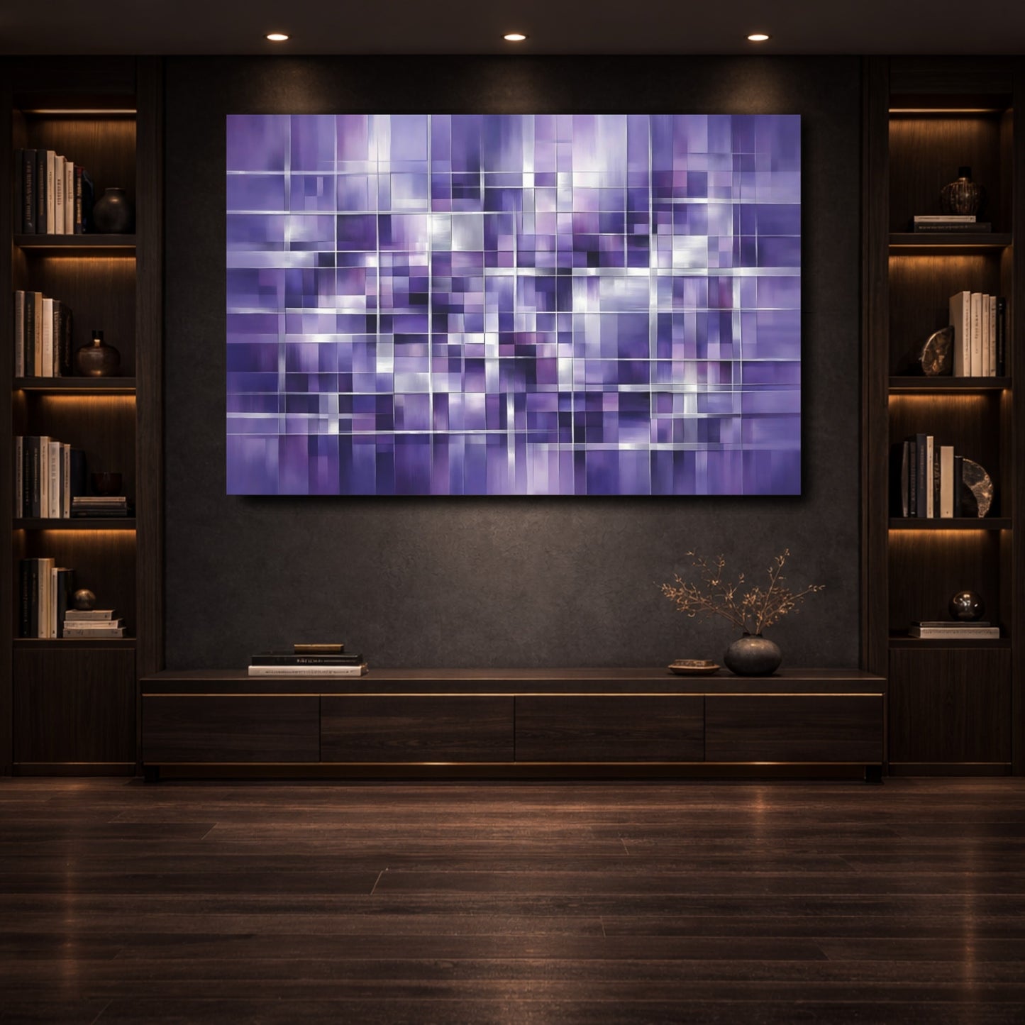 Mockup 3. Abstract Geometric Grid Purple Grid shown as stretched canvas wall art