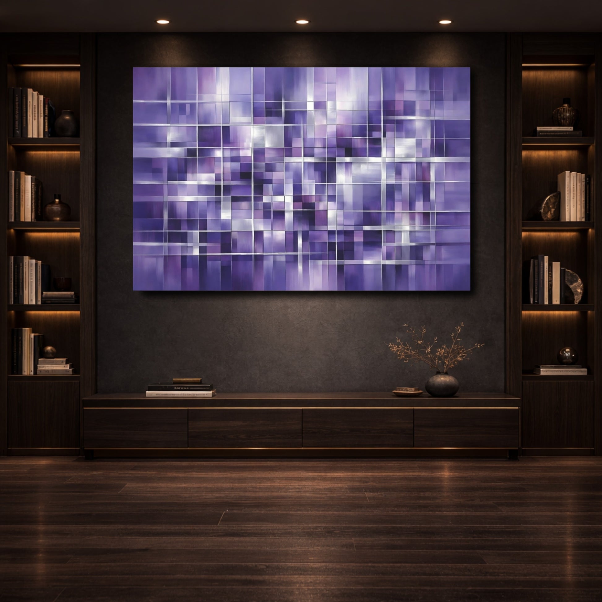 Mockup 3. Abstract Geometric Grid Purple Grid shown as stretched canvas wall art