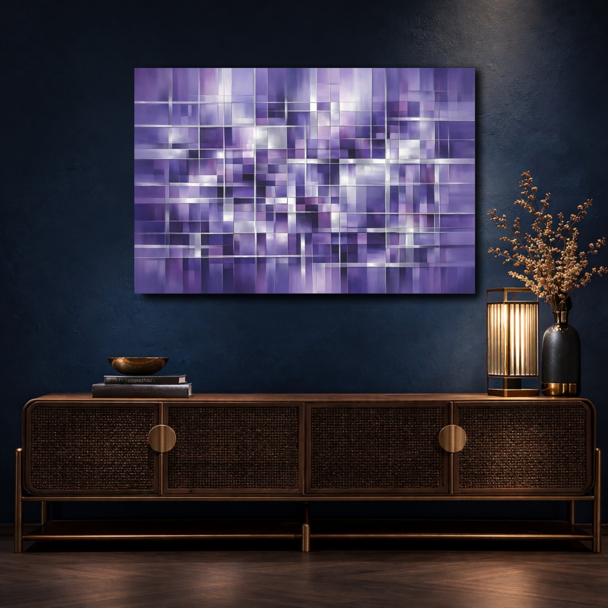 Mockup 4. Abstract Geometric Grid Purple Grid shown as stretched canvas wall art