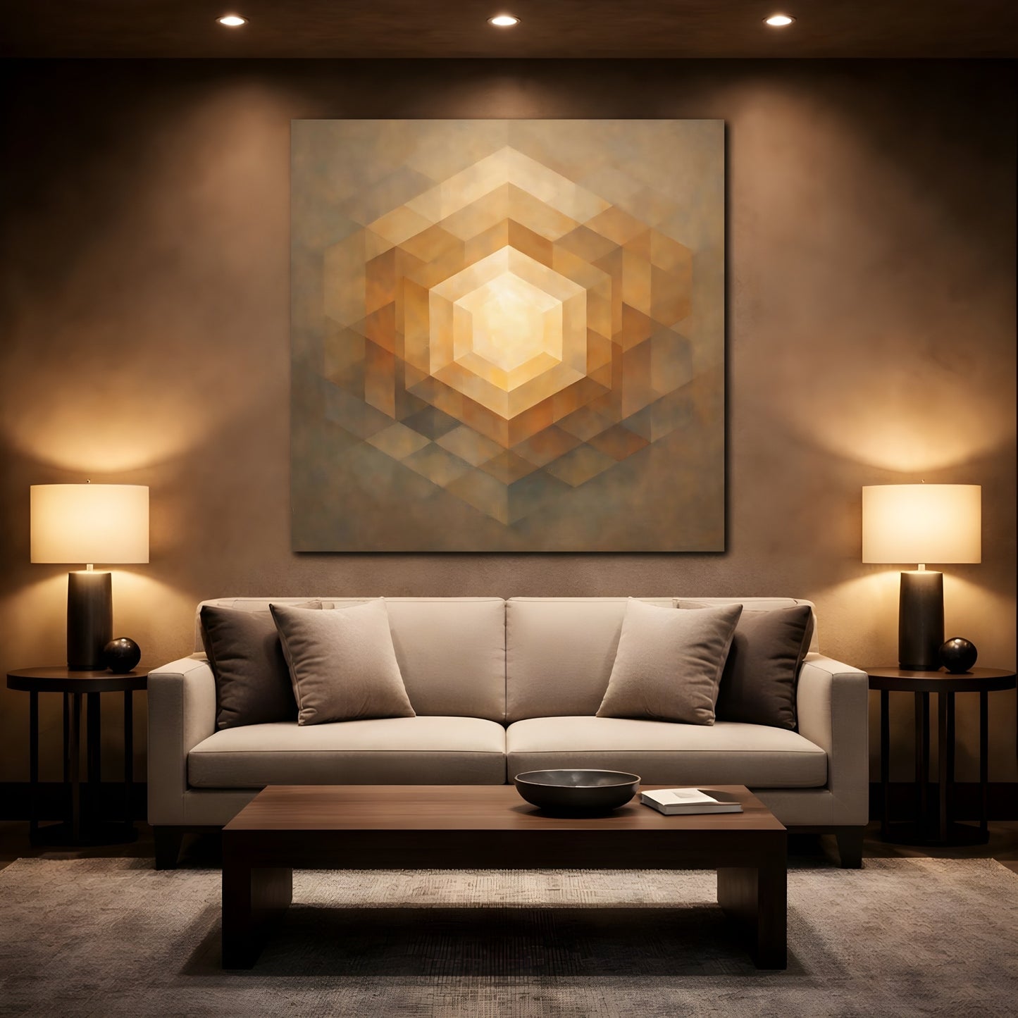 Mockup 2. Abstract Geometric Hexagon Golden Geometric shown as stretched canvas wall art