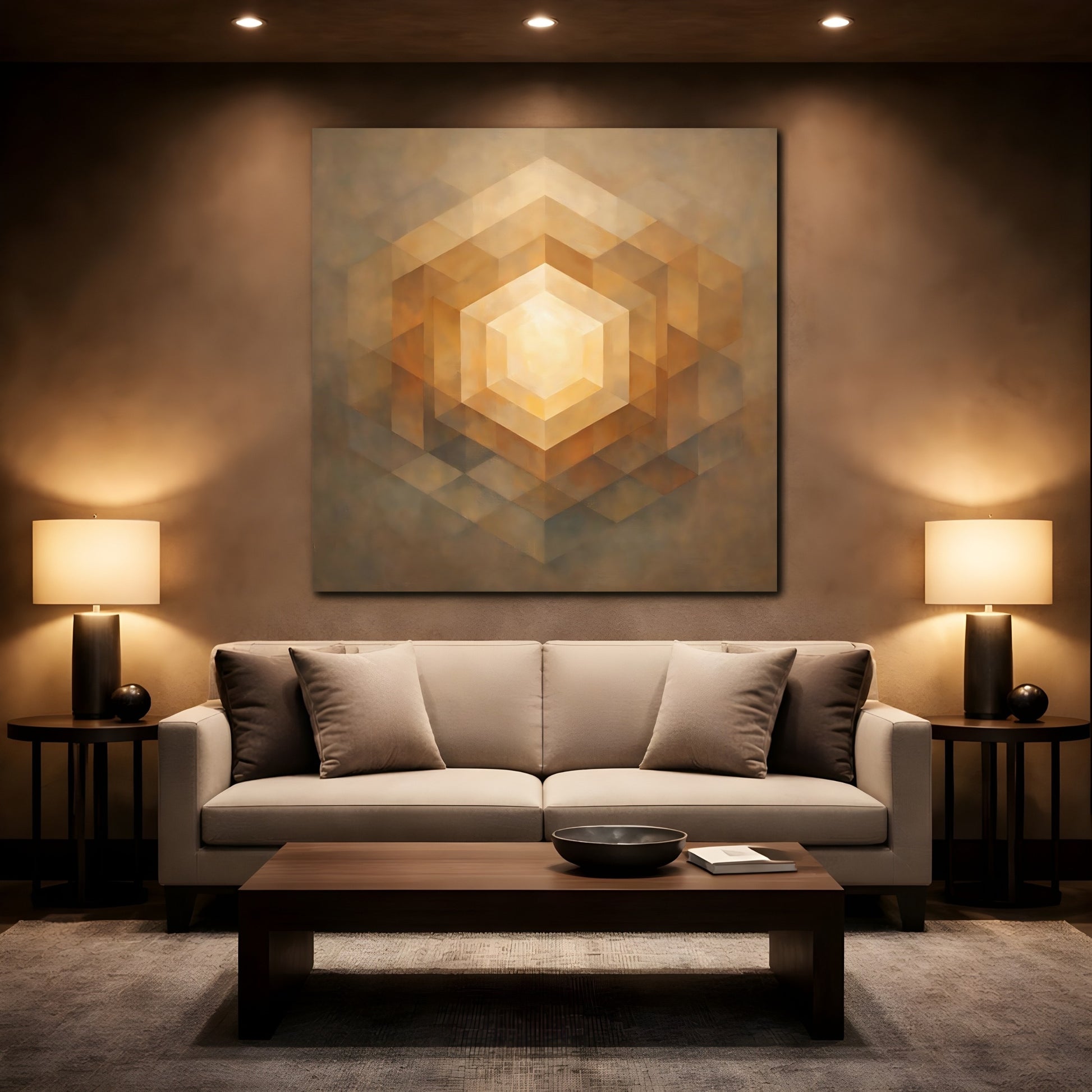 Mockup 2. Abstract Geometric Hexagon Golden Geometric shown as stretched canvas wall art