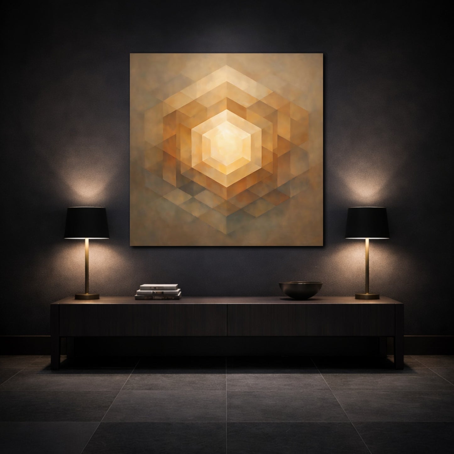 Mockup 3. Abstract Geometric Hexagon Golden Geometric shown as stretched canvas wall art