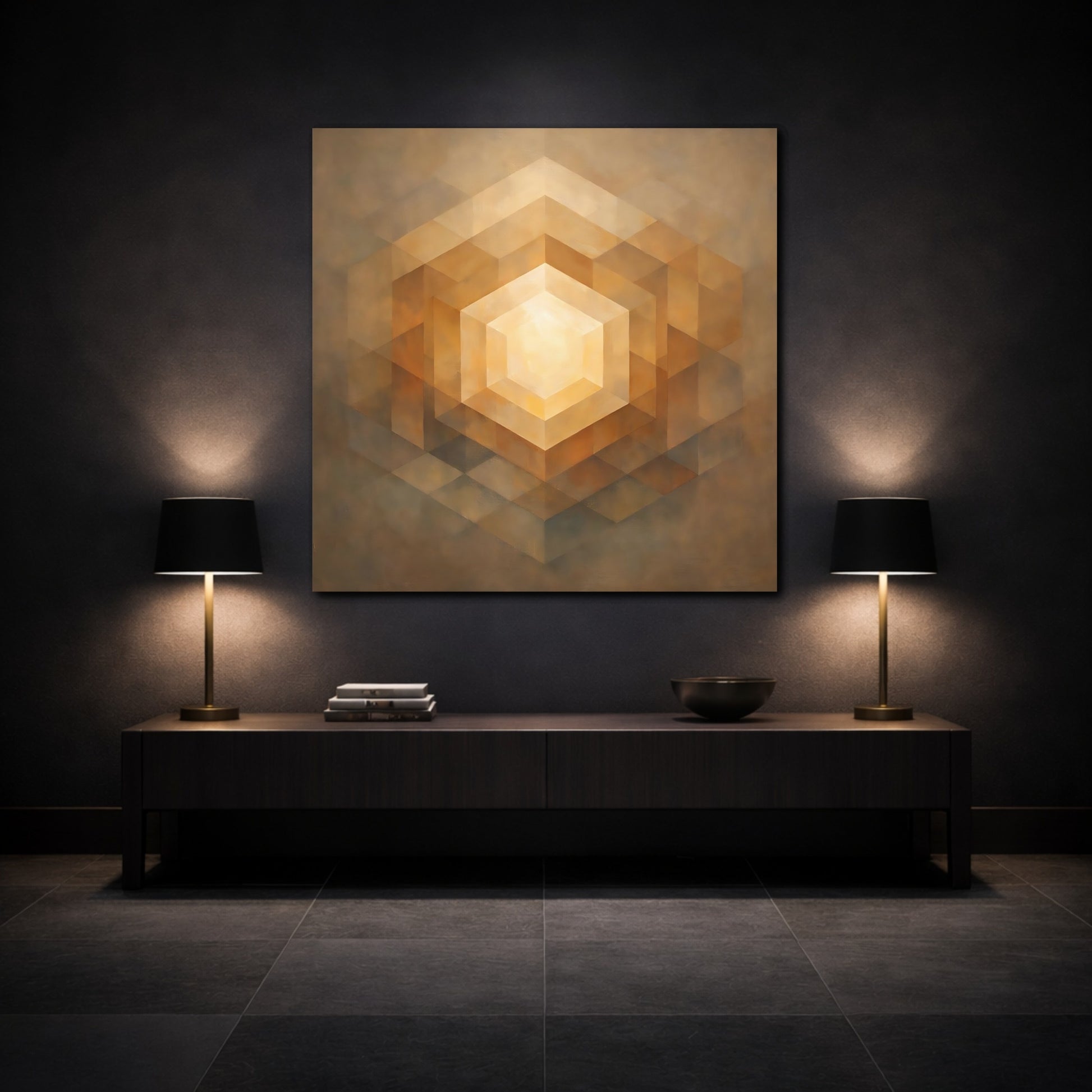 Mockup 3. Abstract Geometric Hexagon Golden Geometric shown as stretched canvas wall art
