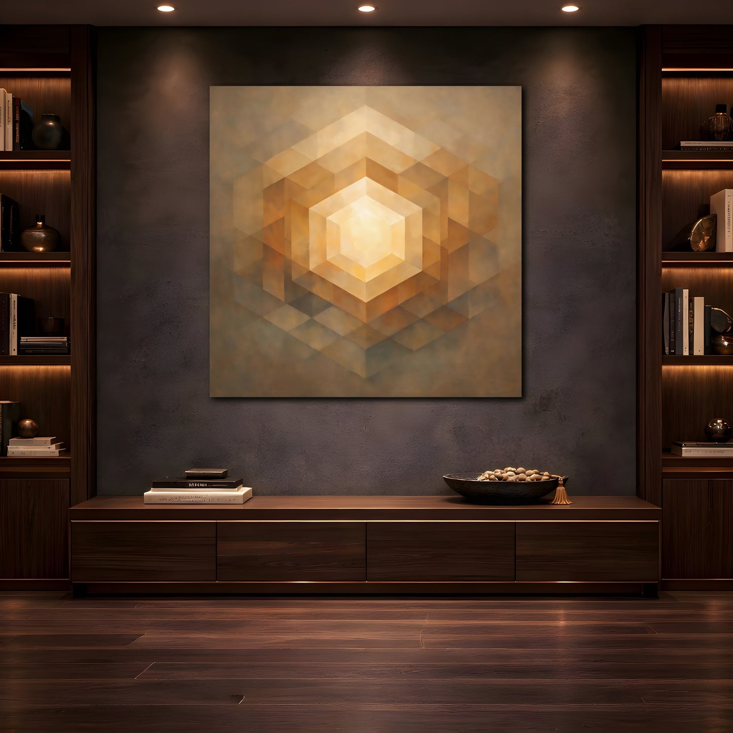 Mockup 4. Abstract Geometric Hexagon Golden Geometric shown as stretched canvas wall art