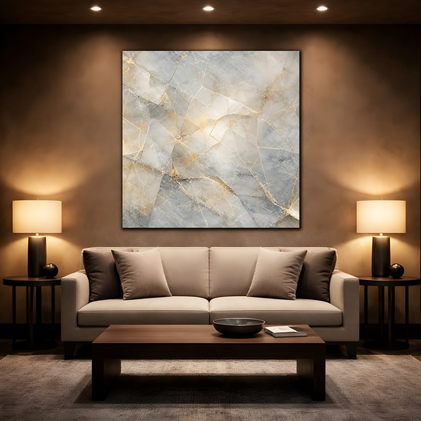 Mockup 2. Abstract Geometric Marble Grey And Gold Marble shown as stretched canvas wall art