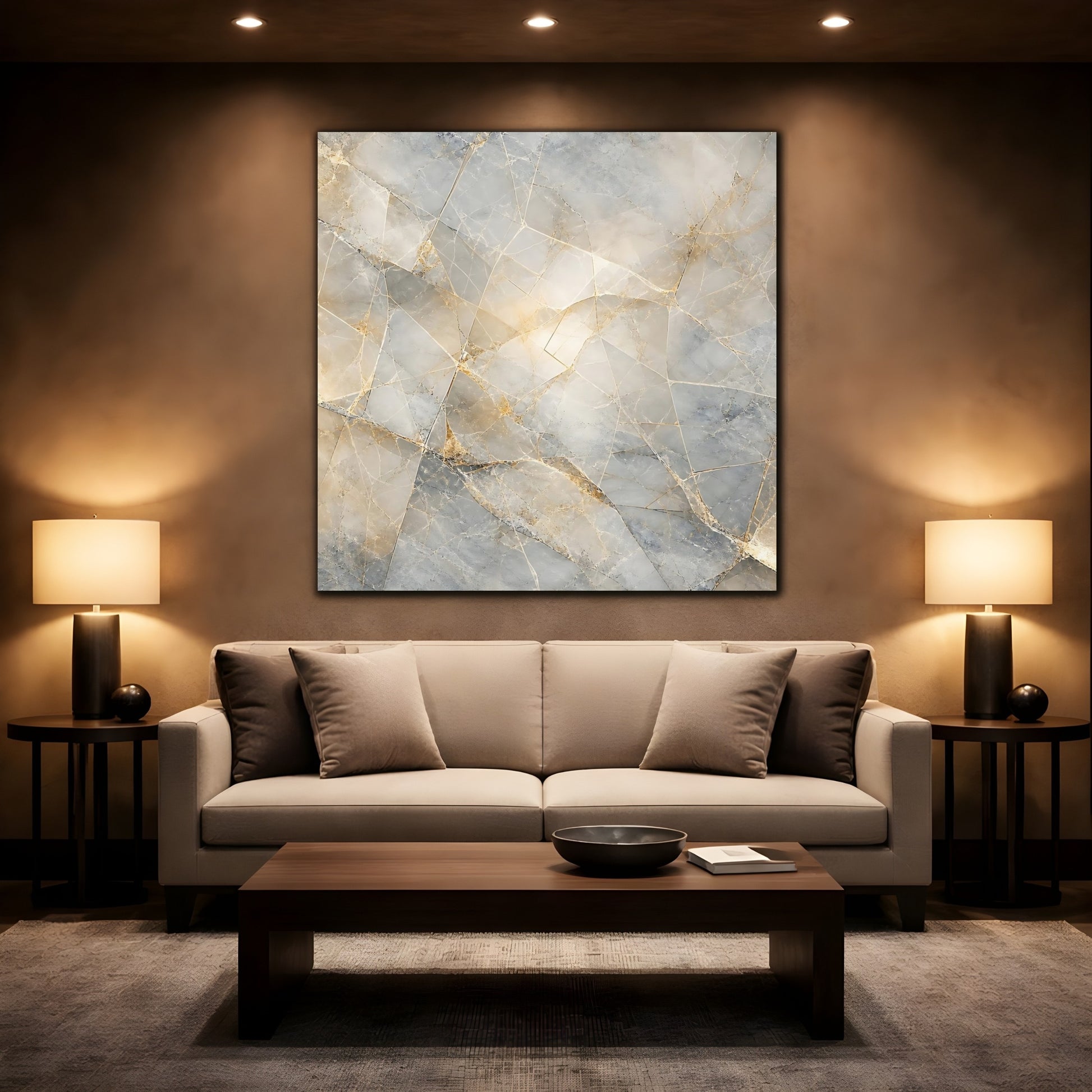 Mockup 2. Abstract Geometric Marble Grey And Gold Marble shown as stretched canvas wall art