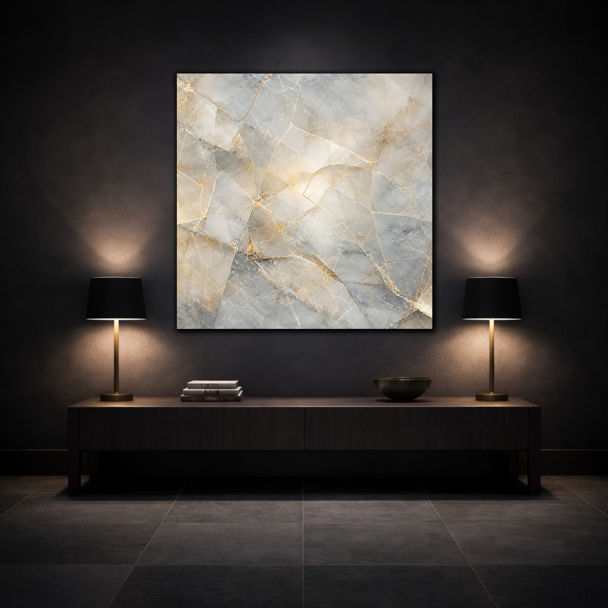 Mockup 3. Abstract Geometric Marble Grey And Gold Marble shown as stretched canvas wall art