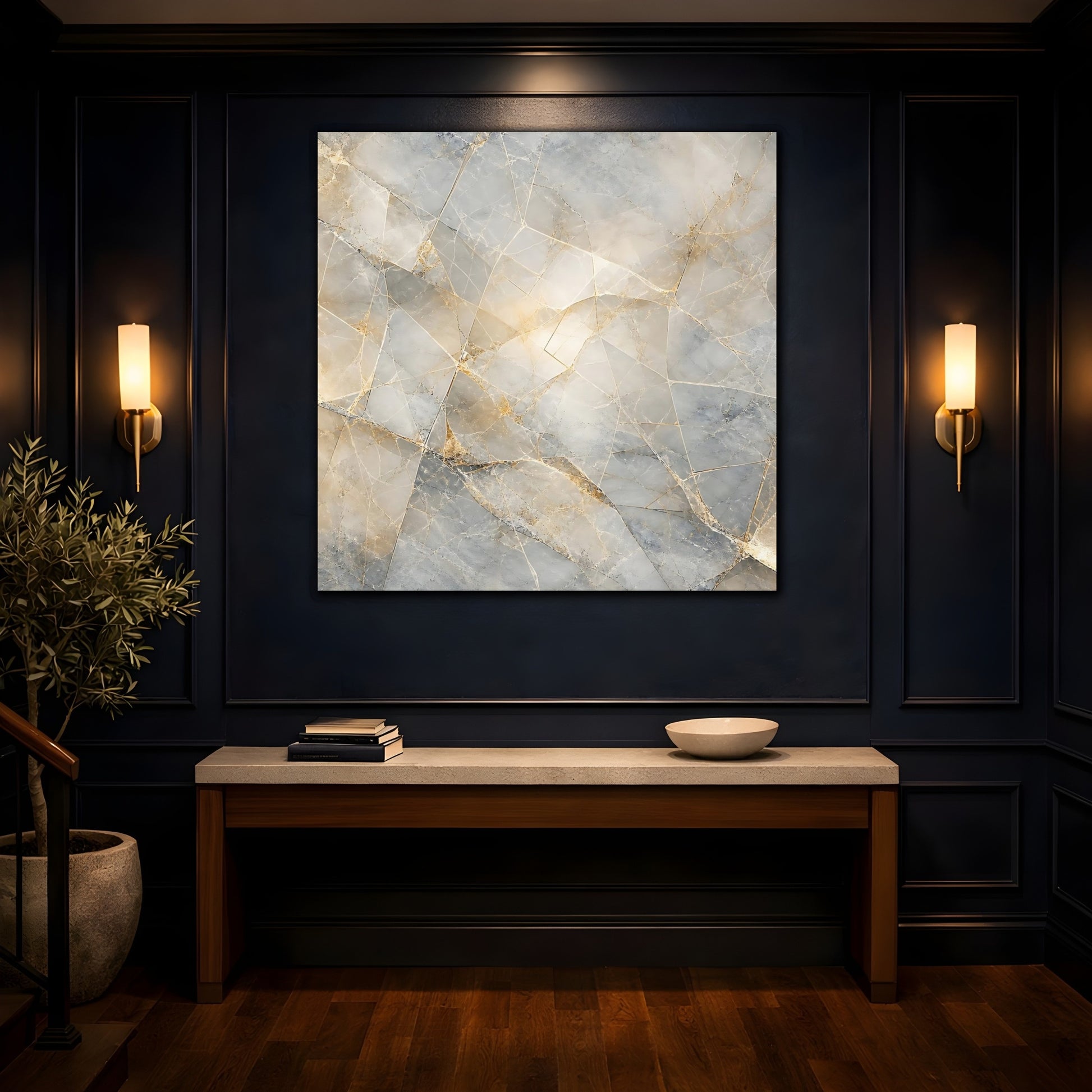 Mockup 4. Abstract Geometric Marble Grey And Gold Marble shown as stretched canvas wall art