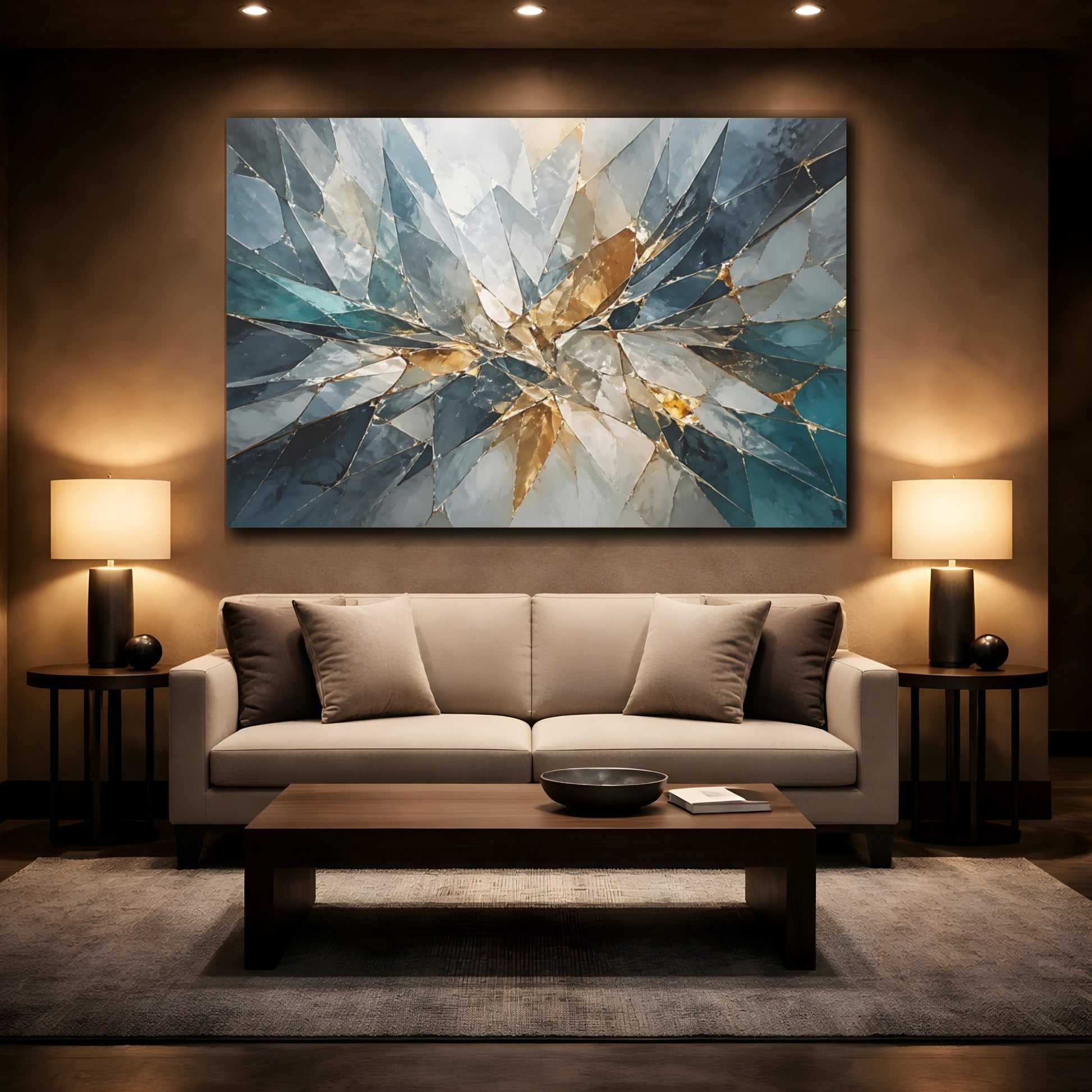 Mockup 2. Abstract Geometric Mosaic Teal Gold Abstract shown as stretched canvas wall art