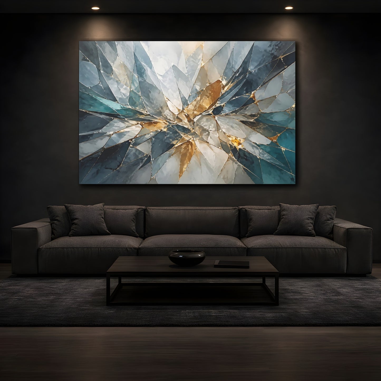Mockup 3. Abstract Geometric Mosaic Teal Gold Abstract shown as stretched canvas wall art