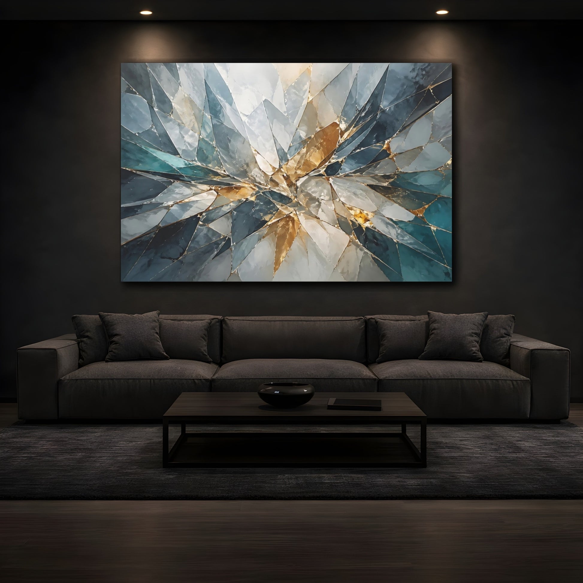 Mockup 3. Abstract Geometric Mosaic Teal Gold Abstract shown as stretched canvas wall art