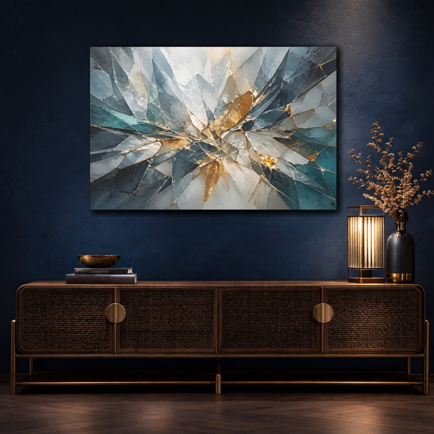 Mockup 4. Abstract Geometric Mosaic Teal Gold Abstract shown as stretched canvas wall art