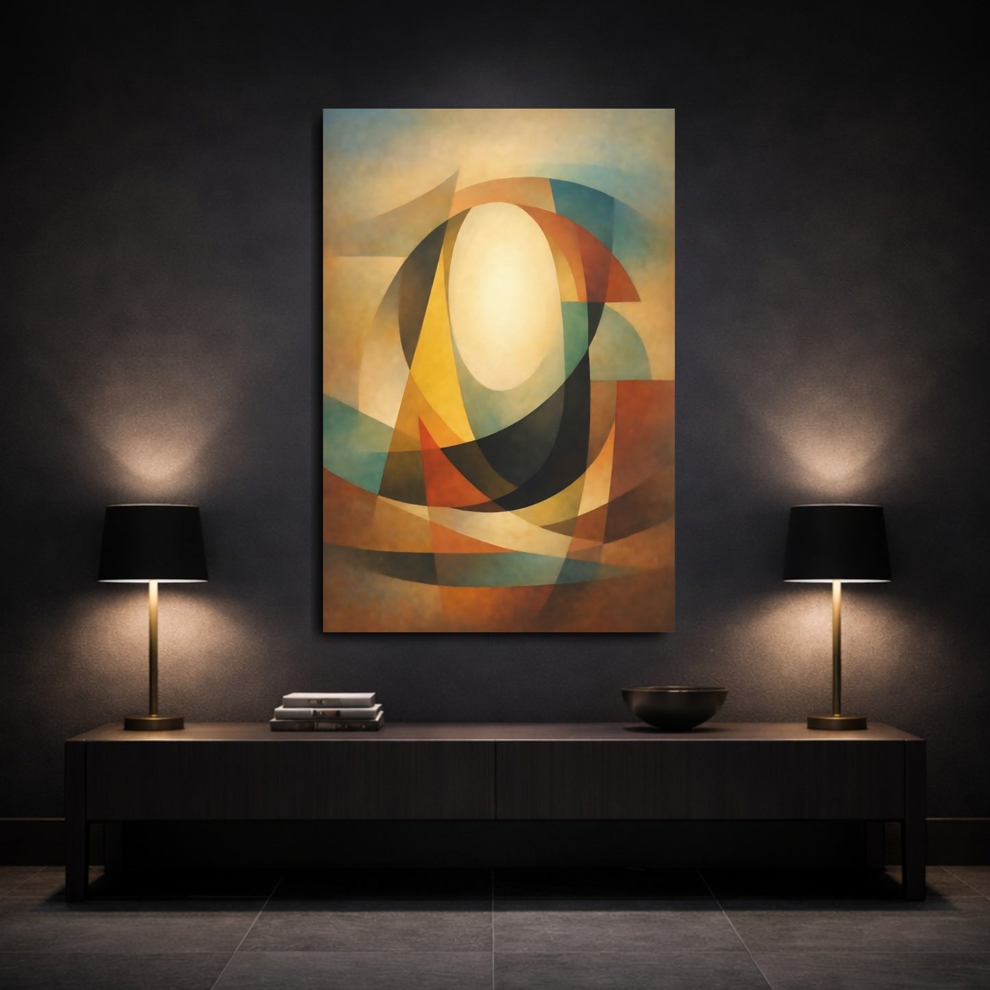 Mockup 2. Abstract Geometric Oval Warm Abstract shown as stretched canvas wall art