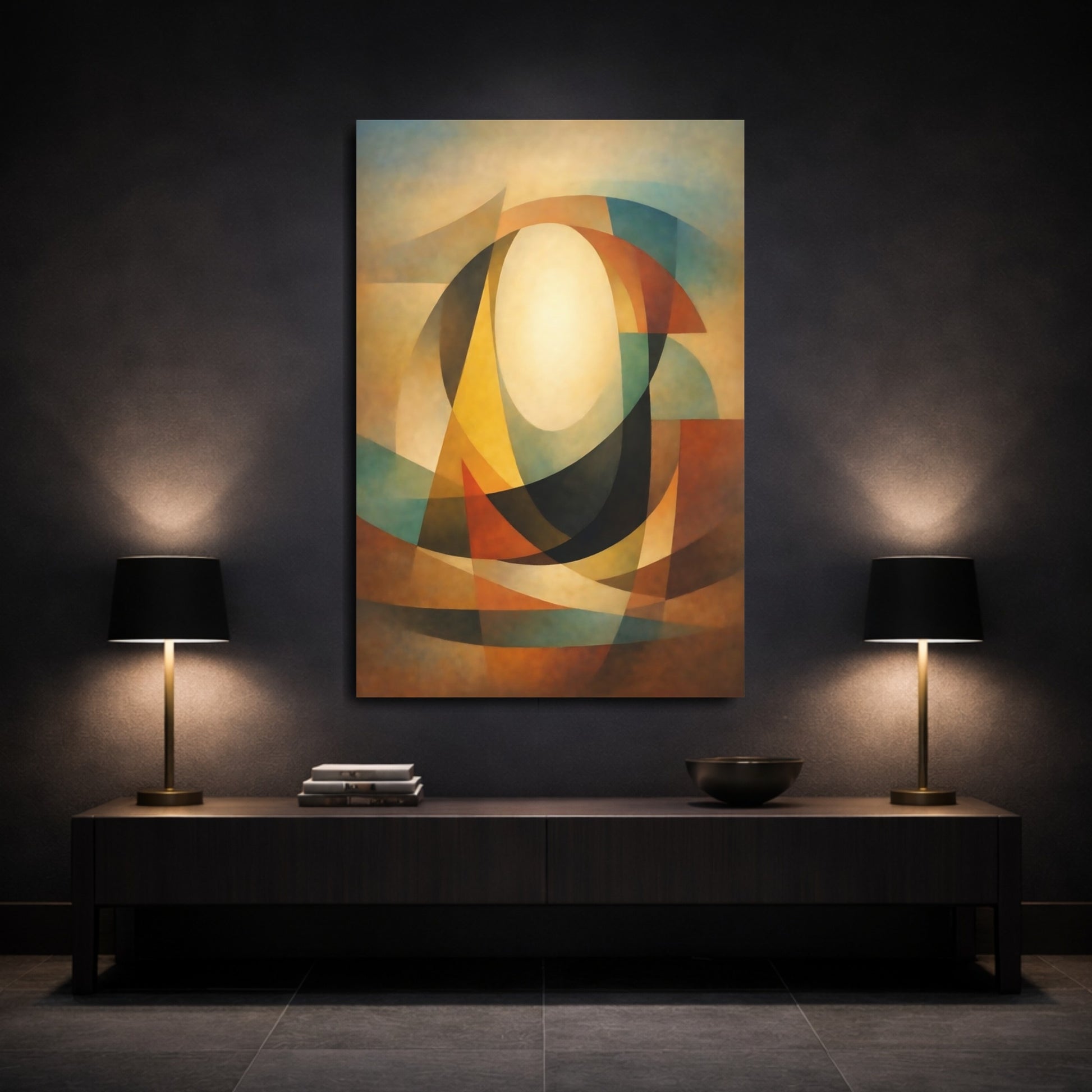 Mockup 2. Abstract Geometric Oval Warm Abstract shown as stretched canvas wall art