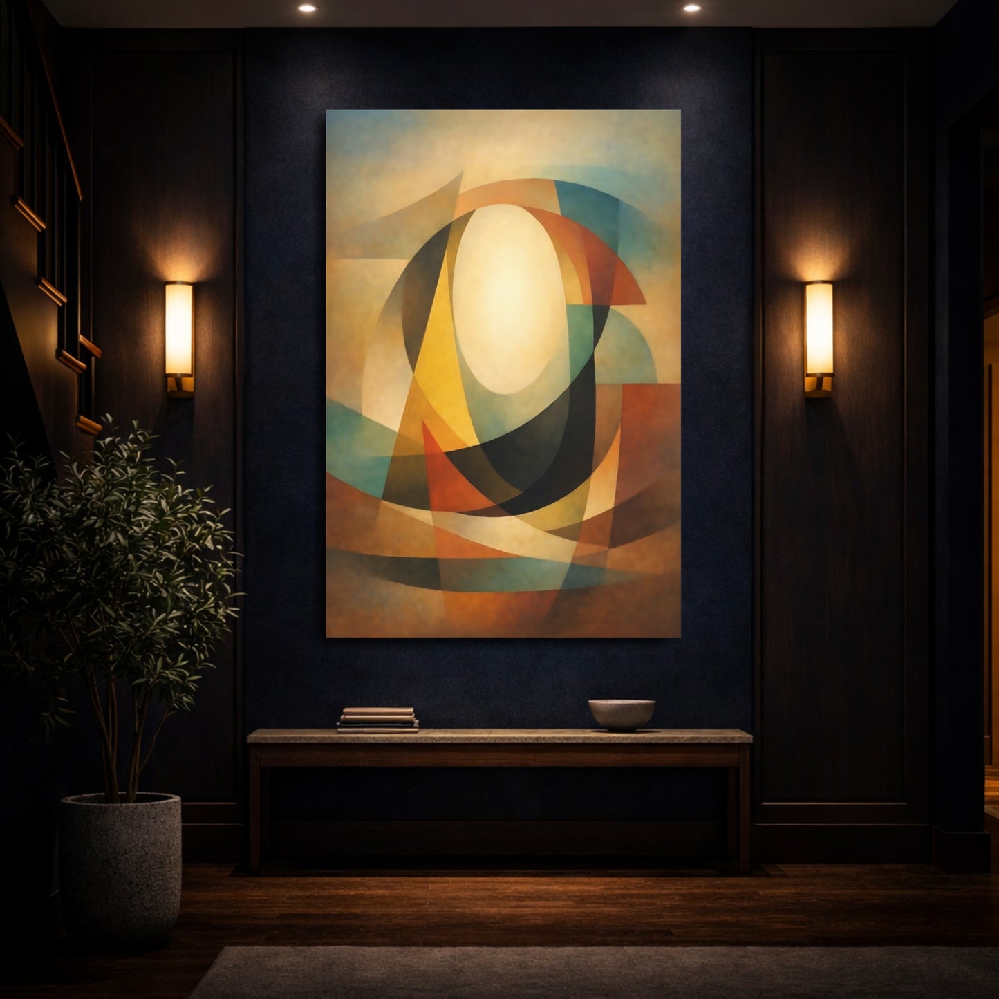 Mockup 3. Abstract Geometric Oval Warm Abstract shown as stretched canvas wall art
