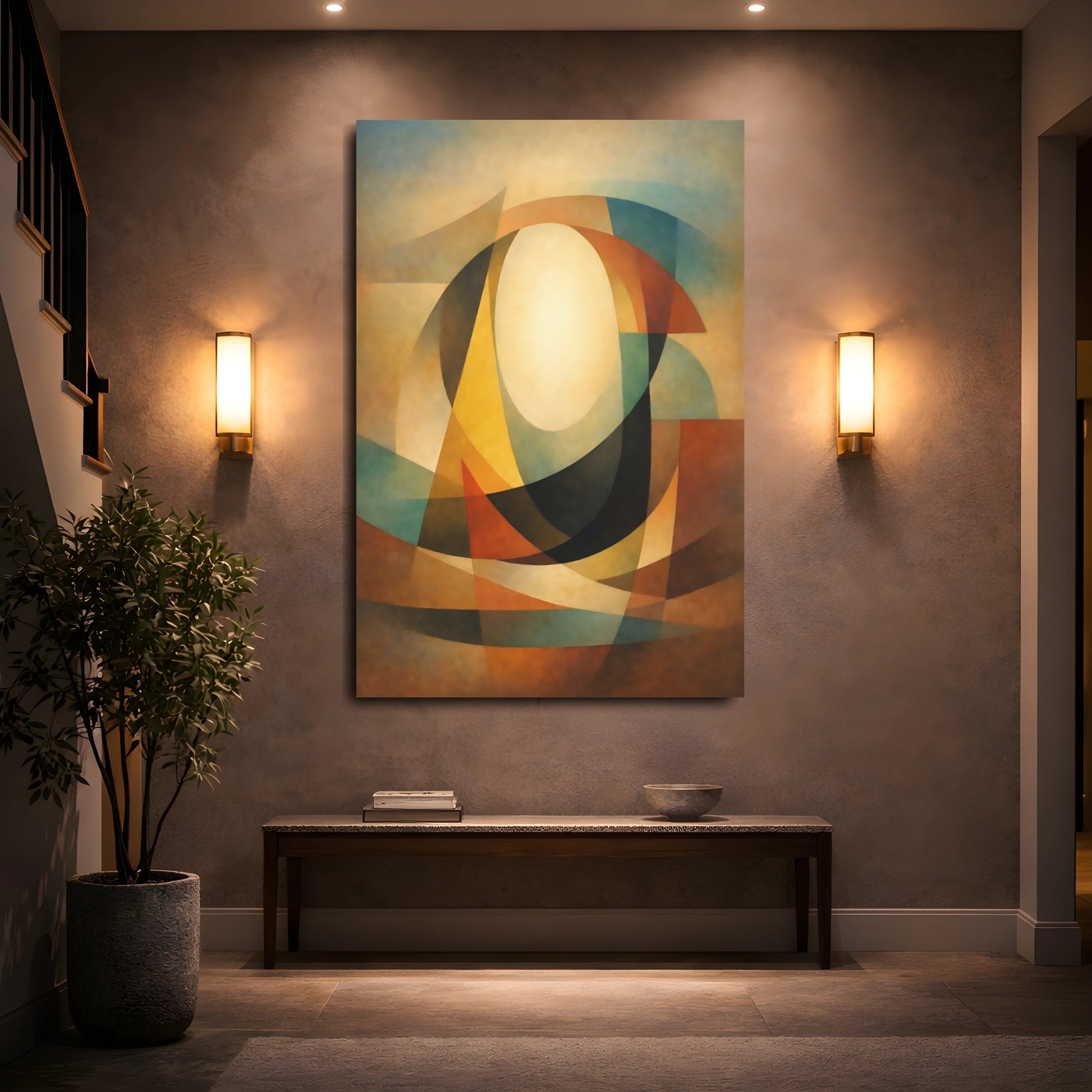 Mockup 4. Abstract Geometric Oval Warm Abstract shown as stretched canvas wall art