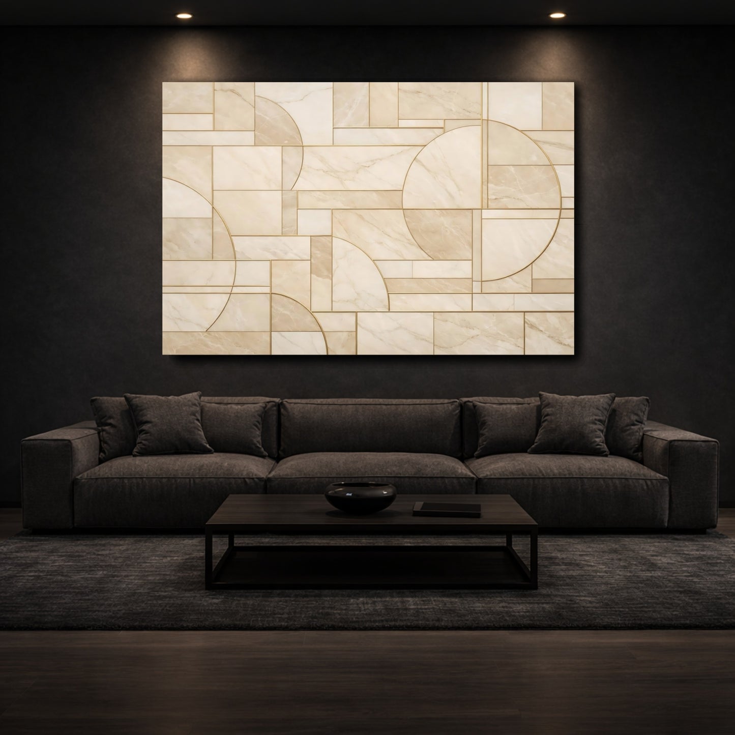 Mockup 2. Abstract Geometric Pattern Beige Gold Abstract shown as stretched canvas wall art