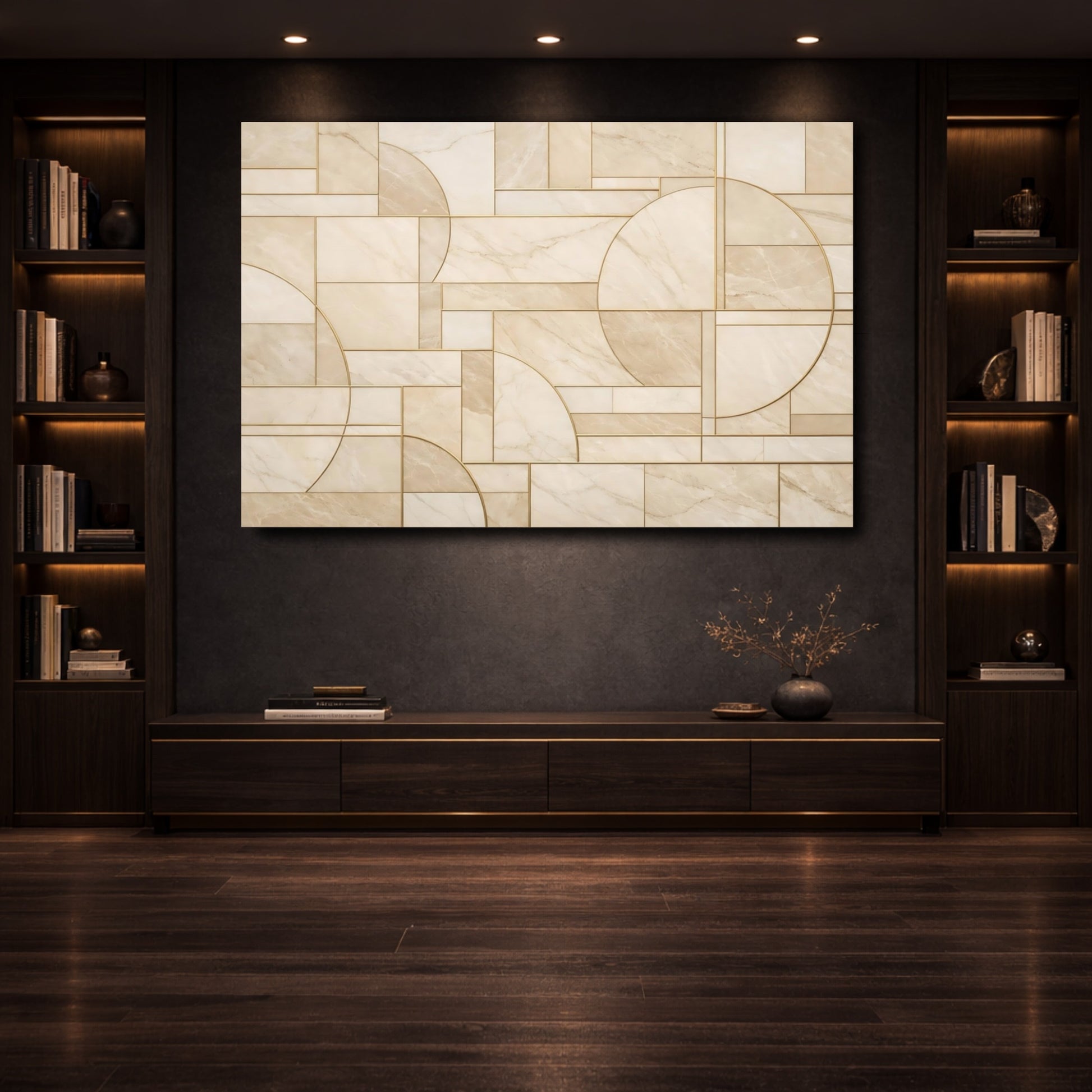 Mockup 3. Abstract Geometric Pattern Beige Gold Abstract shown as stretched canvas wall art