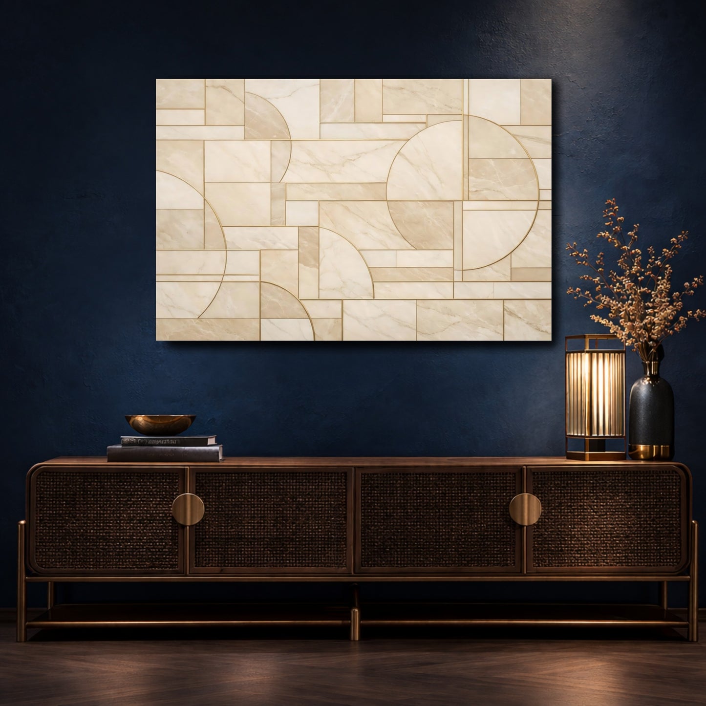 Mockup 4. Abstract Geometric Pattern Beige Gold Abstract shown as stretched canvas wall art