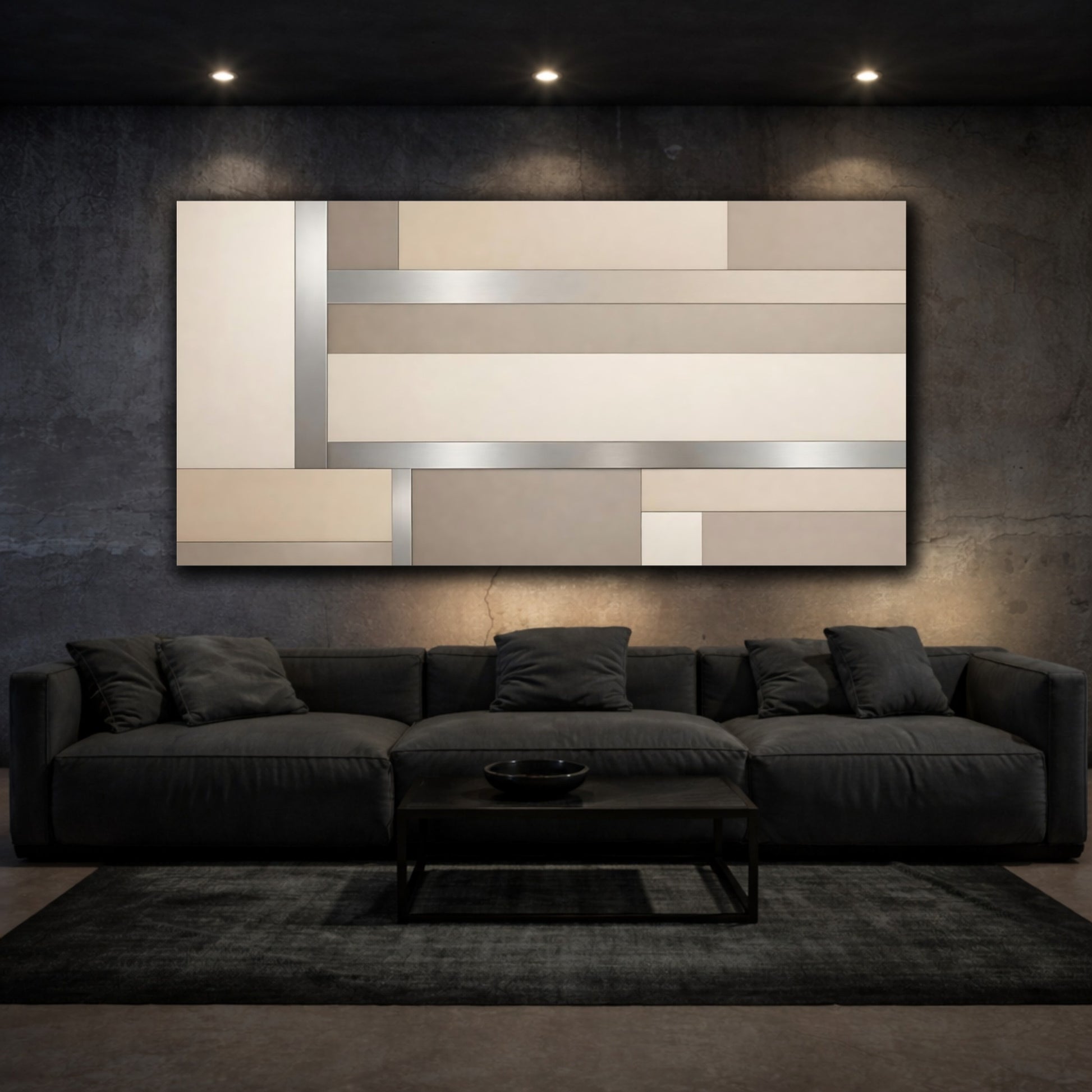 Mockup 2. Abstract Geometric Pattern Beige Silver Geometric shown as stretched canvas wall art