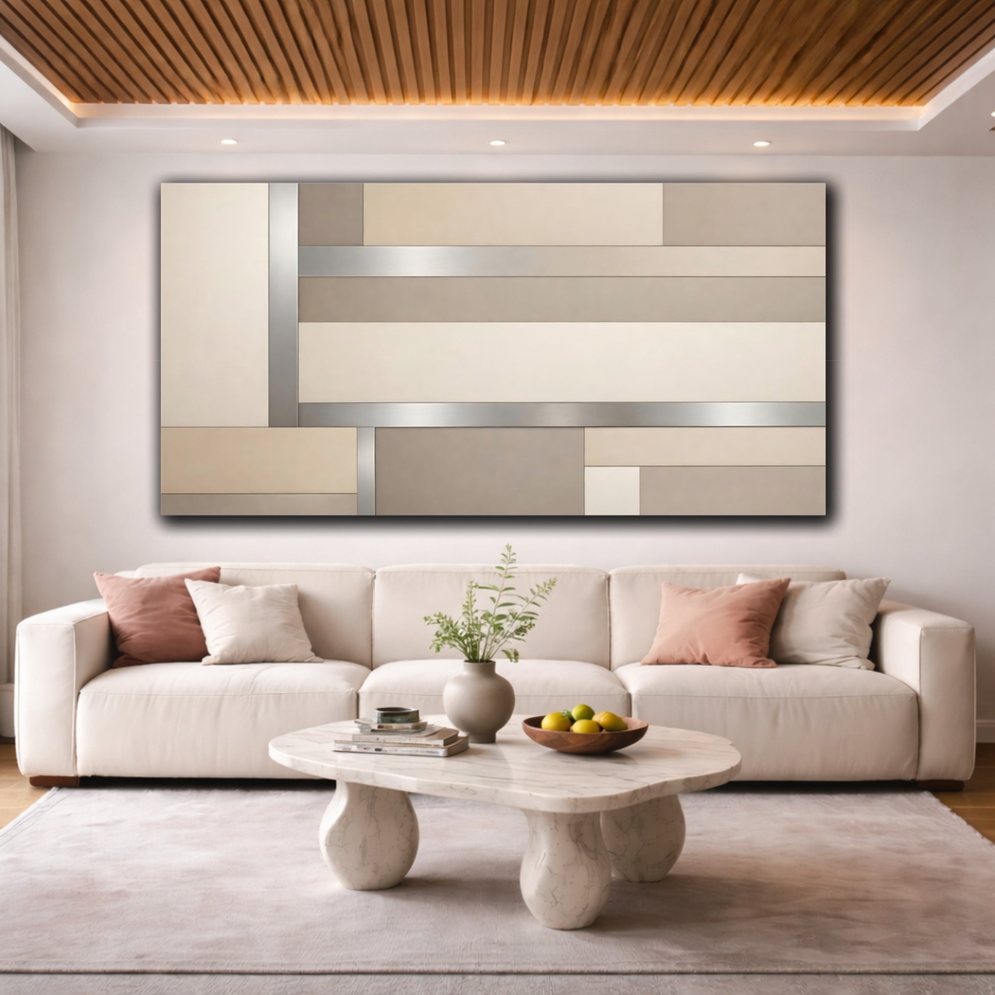 Mockup 3. Abstract Geometric Pattern Beige Silver Geometric shown as stretched canvas wall art
