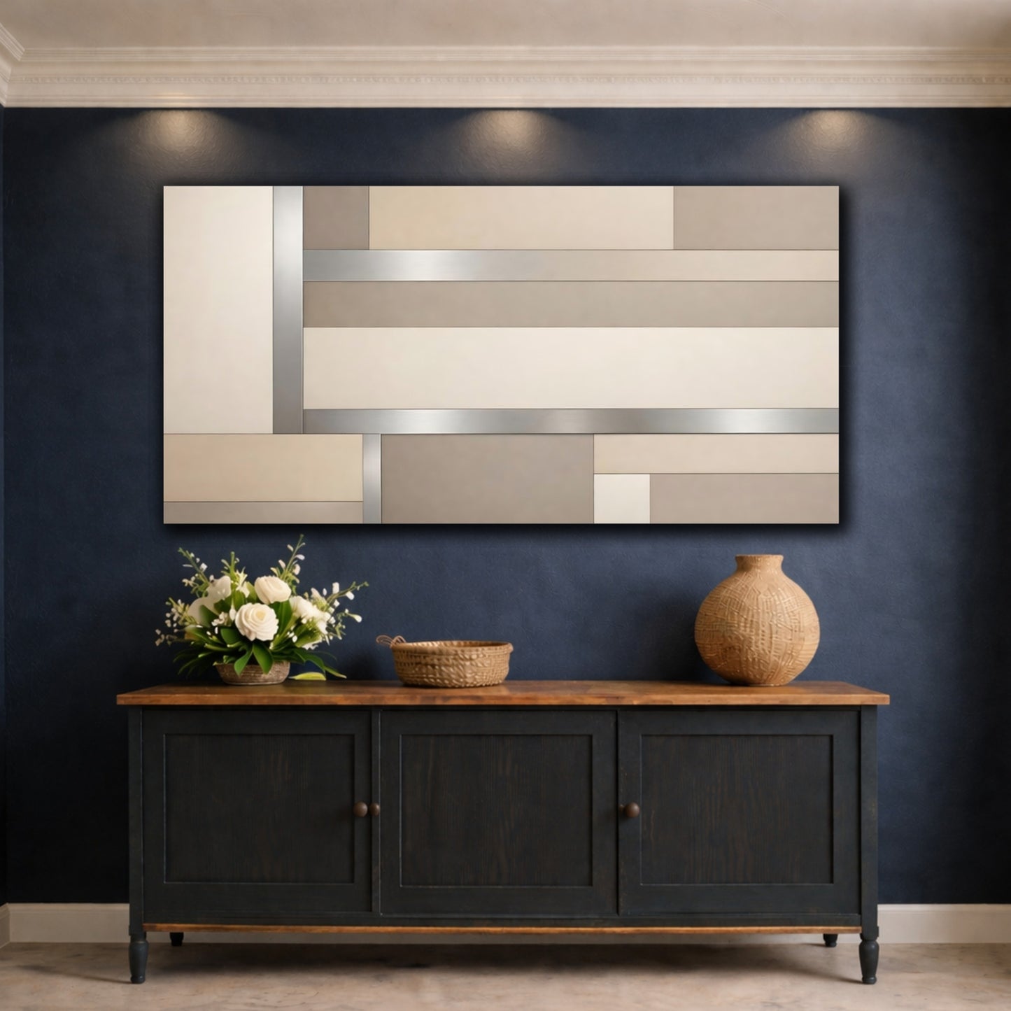 Mockup 4. Abstract Geometric Pattern Beige Silver Geometric shown as stretched canvas wall art